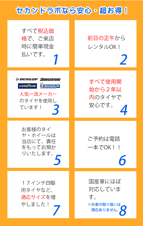 セカンドラボなら安心・超お得　ブリヂストン・ダンロップなど一流メーカーを使用しています